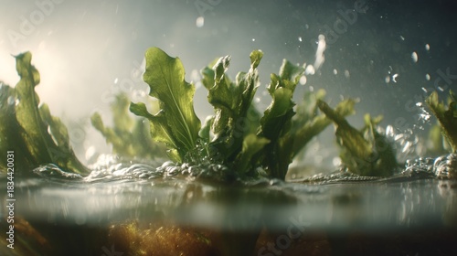 macro shot of aquatic leaves used in fish pond oxygenation with morning light, water ripples, and soft copy space. macro leaves, pond oxygenation, aquatic greenery, fish pond support, plant 