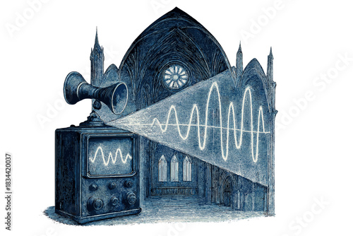 Soundwaves in Cathedral. a historical acoustics analyzer projecting soundwave diagrams inside a cathedral outline, cobalt and