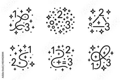 Magical Counting Icons. Icons for: magical counting that links elements, glowing numbers binding particles, enchanted tallies