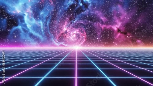 Retro futuristic digital grid landscape with vibrant nebula in deep space