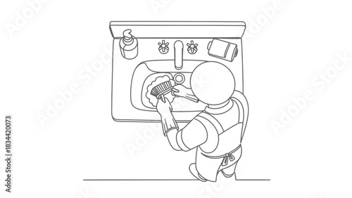 Person washing dishes in sink line drawing cleaning