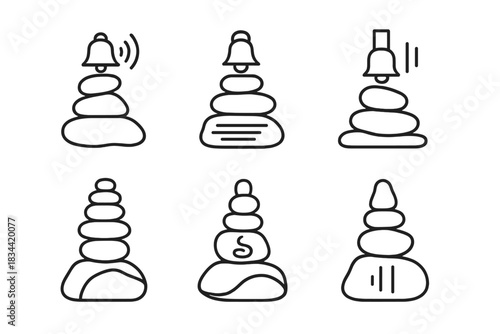 Chime-Inspired Rock Formations. Icons for: chime-directed rock formations, bell-sound aligned piles, tonal structure cairns,