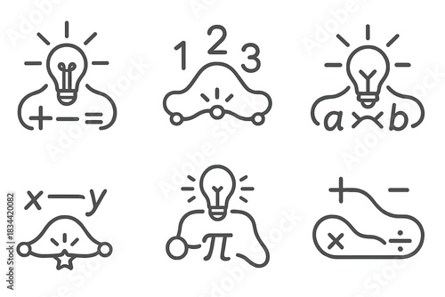 Luminous Math Icons. Icons for: luminous calculation bonds, radiant arithmetic links, glowing numeric paths, bright formula