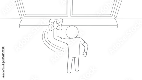 Person wiping a window sill with a cloth line art cleaning