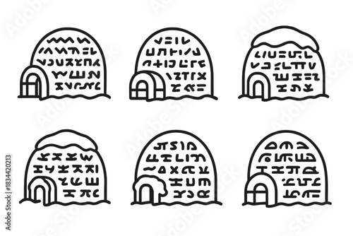 Icy Wisdom Shelters. Icons for: knowledgeable snow house etchings, inscribed icy dwellings, carved wisdom shelters, snowy script