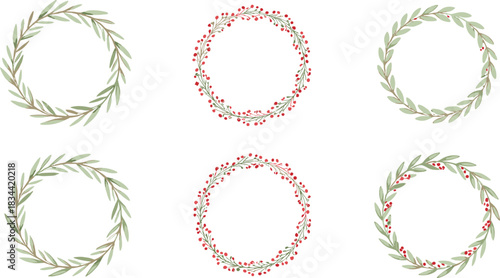 Christmas wreath illustration set, green leaf and red berry designs, festive circular frames, seasonal holiday decoration graphics