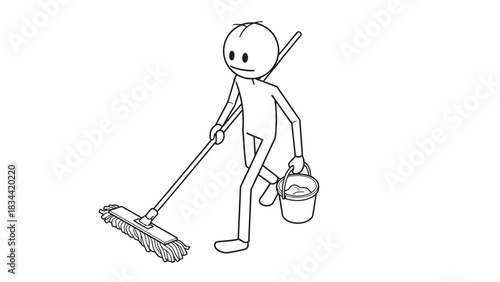 Stick Figure Character Mopping Floor with Bucket drawing