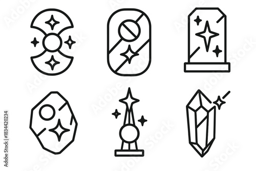 Celestial Icon Designs. Icons for: celestial alignment glass icons, cosmic stone direction patterns, stellar monolith
