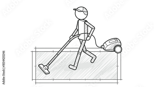 Stick Figure Person Vacuuming Floor Sketch cleaning