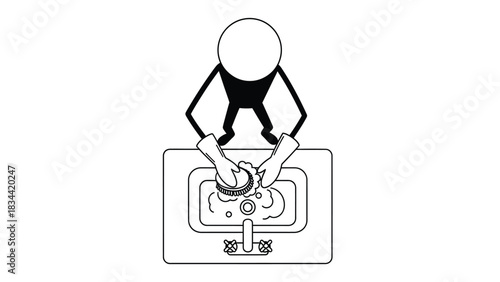 Stick figure washing hands in sink with brush hygiene