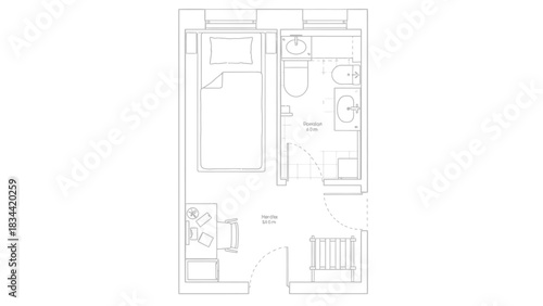 Studio Apartment Floor Plan with Bed and Bathroom layout