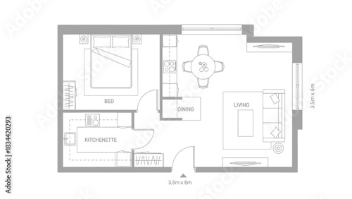 Studio Apartment Floor Plan with Living Dining and Kitchenette