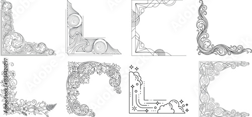 Set of eight decorative corner ornaments vintage style isolated on transparent background