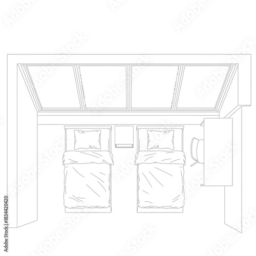 Top Down View Sketch Of A Bedroom With Two Beds Keywords: bedroom, sketch, drawing, top view
