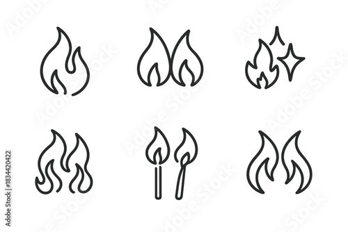 Dynamic Flame Icons. Line vector icons of dynamic flame kinships: paired fire lines, balanced ember forms, symmetrical spark duos,