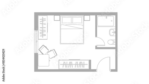 Top Down View Of A Studio Apartment Floor Plan With Bathroom