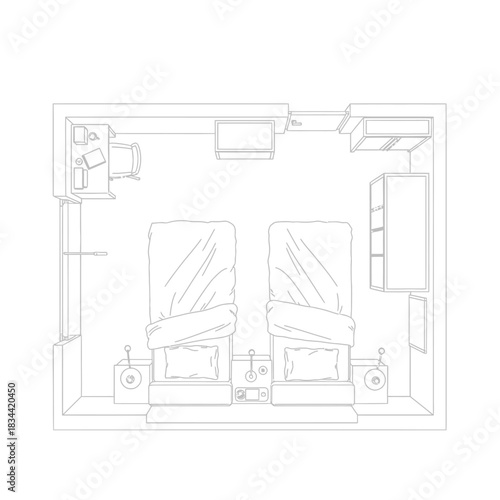 Top view floor plan of a bedroom with two beds and a desk