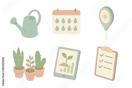 Plant Care Tools. Isometric vector illustration set of plant care tracking: watering can icon, daily watering schedule chart,