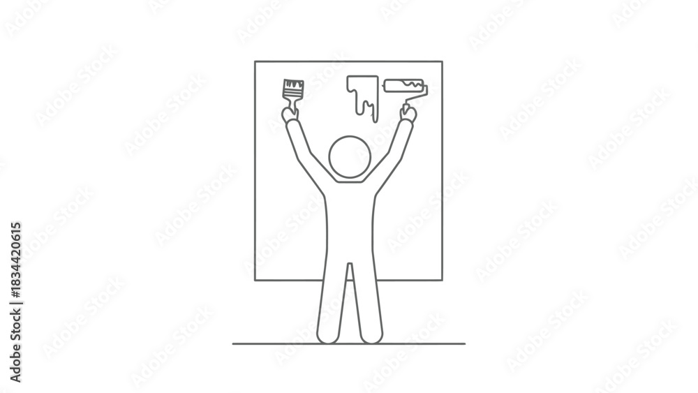 Fototapeta premium Person Holding Paintbrush and Roller Icon stick figure