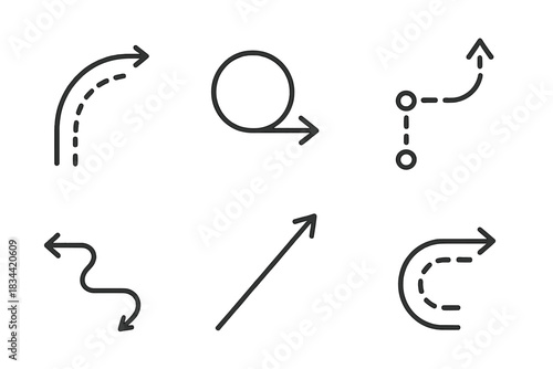 Strategic Motion Icons. Line vector icons of strategic motion turns: planned pivot arcs, balanced course loops, adaptive route