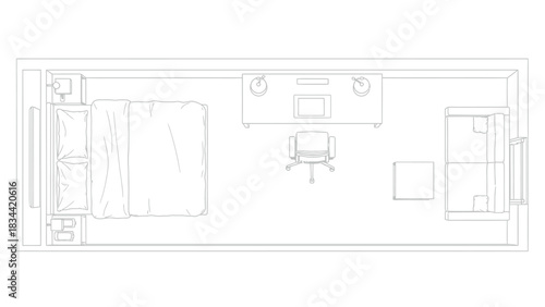 Top view line art of a bedroom with bed and desk interior