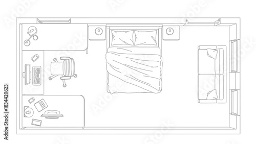 Top View Line Drawing of a Bedroom with Desk and Sofa
