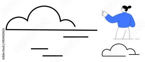 Technology, weather prediction, creative design, simplicity in art, imagination, future innovation. Large cloud shapes and a woman pointing in blue. Technology and creative design concept