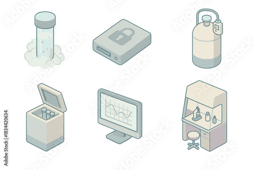 Biobank Technology Icons. Isometric vector illustration set of biobank technology icons: vitrification tube under cooling mist,