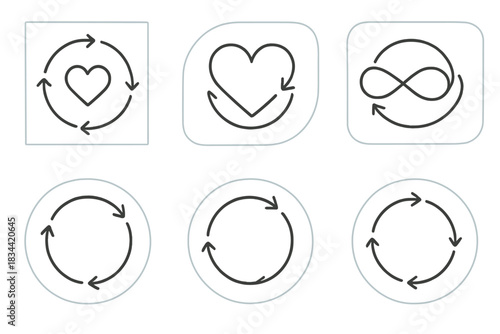 Emotional Cycle Icons. Line vector icons of cyclic emotional generation: rhythmic passion circles, rotating heartlines, balanced