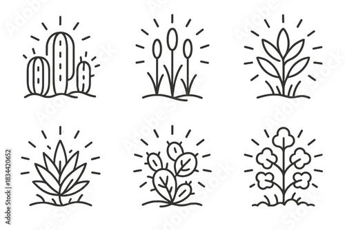 Glowing Desert Flora. Line vector icons of light-infused desert growths: glowing cactus clusters, illuminated sand stems, radiant