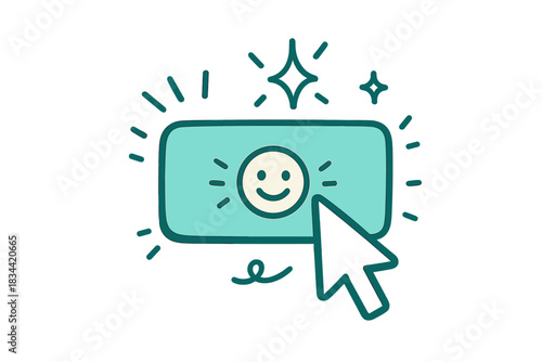Smiling Button Focus. A screen reader cursor highlighting a smiling button, tiny doodle lines and sparkles emphasizing focus,