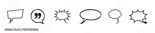 Set of black and white speech and thought bubbles offering a variety of shapes for representing dialogue, ideas, and exclamations in graphic materials.