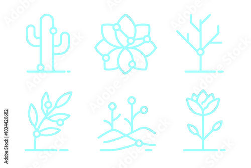 Neon Desert Flora. Line vector icons of neon dry-flora coordinates: glowing cactus points, radiant succulent paths, electric arid
