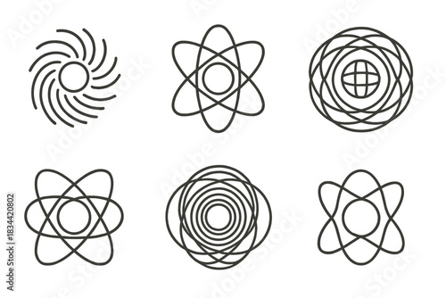 Intricate Vector Patterns. Line vector icons of a dynamic center bound in intricate patterns: structured motion cores, woven orbit