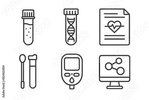 Biohacking Lab Icons. Line style icons of lab testing in biohacking: blood draw vial, DNA test tube, biomarker report sheet,