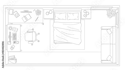 Top-down view of a bedroom layout with furniture floor plan
