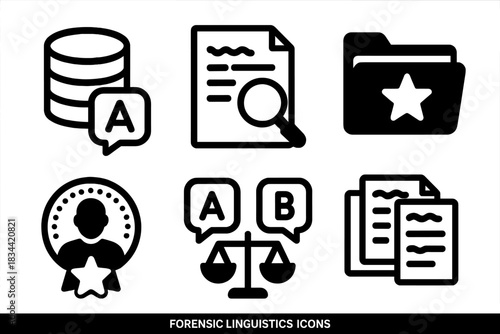 Forensic Linguistics Icons. Line style icons of Forensic Linguistics: linguistic database icon, case language sample, archive