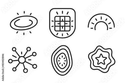 Luminous Galactic Icons. Line vector icons of luminous galactic recesses: glowing orbit hollows, radiant pocket grids, soft cosmic