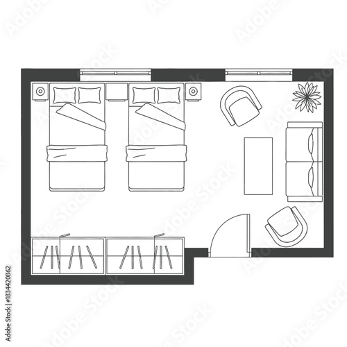 Twin Bed Hotel Room Floor Plan Layout vector illustration