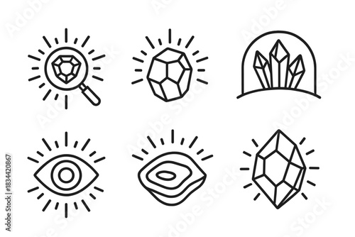 Luminous Geological Icons. Line vector icons of luminous geological visions: radiant mineral lenses, glowing rock forms,