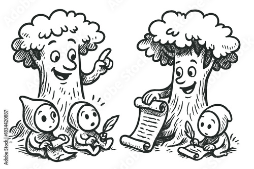 Whimsical Tree Wisdom. Playful doodle composition showing friendly trees with expressive faces teaching curious characters who