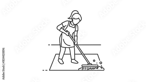 Woman sweeping floor with brush and soap suds icon