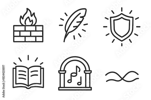 Euphoric Icons. Line style icons of euphoric chronicle bulwark: lighted wall, glowing quill, radiant shield, shining page,