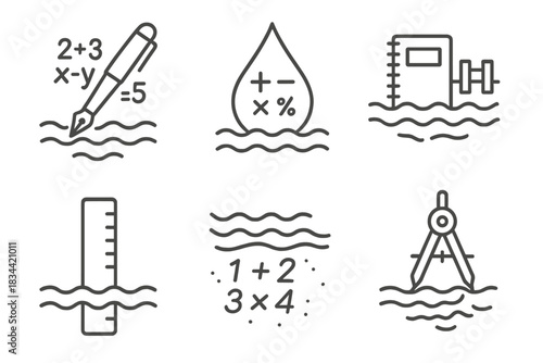 Mathematical Seaside Creativity. Line style icons of a pen at the waterfront solving equations: pen with number formulas above