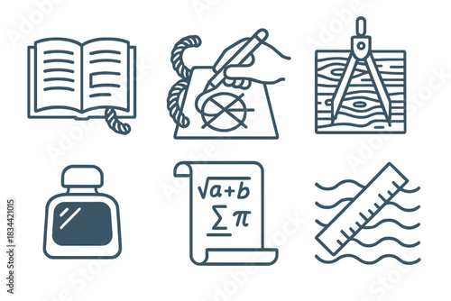 Scholarly Nautical Icons. Line style icons of academic harbor drafting: open journal beside mooring rope, pen sketching circular