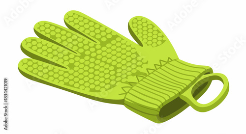 Oven mitt is shown in studio with neon green color. Safe oven mitt for hot plates and pans offers protection while cooking and baking. Use concept oven mitt as safety precaution.