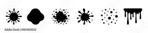 A collection of black ink splashes, drips and dots for use in graphic projects, symbolizing liquid effects, abstract forms, and creative movement.