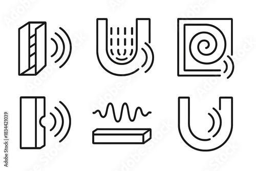 Auditory Input Grooves. Line style icons of a framework groove for auditory input: layered wall with curved sound lines, recessed