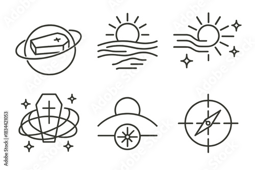 Celestial Burial Icon. Line style icons of a celestial burial under solar movement: horizontal tomb with orbit arcs, parallel
