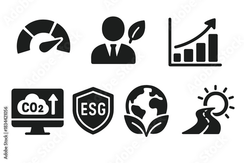 Sustainability Icons Collection. Solid style icons of sustainability insights in procurement: eco-score chart, green supplier icon